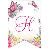 ピンクバタフライウォーターカラーフローラ誕生日 バンティングフラッグ (第2の旗)