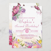 ピンクバタフライウォーターカラーフローラ誕生日 招待状 (正面/裏面)