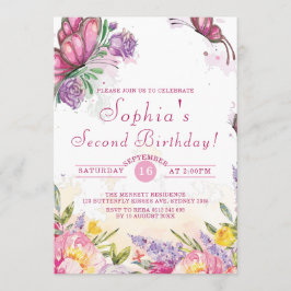 ピンクバタフライウォーターカラーフローラ誕生日 招待状