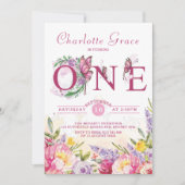 ピンクバタフライウォーターカラーフローラ誕生日 招待状 (正面)