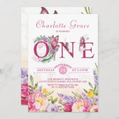 ピンクバタフライウォーターカラーフローラ誕生日 招待状 (正面/裏面)