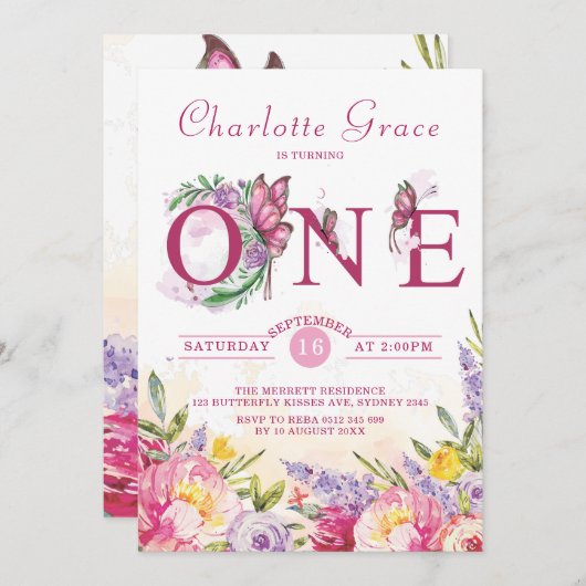 ピンクバタフライウォーターカラーフローラ誕生日 招待状 (正面/裏面)