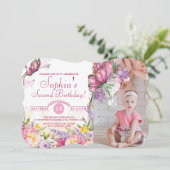 ピンクバタフライウォーターカラーフローラ誕生日 招待状 (スタンド正面)