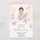 ピンクバタフライウォーターカラー誕生日 招待状 (正面/裏面)
