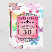 ピンクバタフライウォーターカラー30th誕生日パーティー 招待状 (正面/裏面)