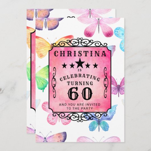 ピンクバタフライウォーターカラー60thバースデーパーティー 招待状 (正面/裏面)