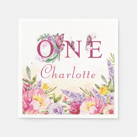 ピンクバタフライウォーター色フローラ誕生日1 スタンダードカクテルナプキン (正面)