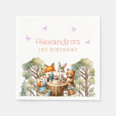 ピンクバタフライウッドランド動物ガール1st誕生日 スタンダードカクテルナプキン (正面)