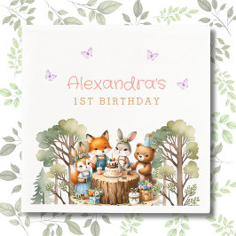 ピンクバタフライウッドランド動物ガール1st誕生日 スタンダードカクテルナプキン