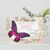 ピンクバタフライオンアザヴィンテージコラージュ誕生日 招待状 (スタンド正面)