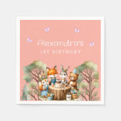 ピンクバタフライガールウッドランドアニマルズ1st誕生日 スタンダードカクテルナプキン (正面)