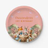 ピンクバタフライガールウッドランドアニマルズ1st誕生日 ペーパープレート (正面)