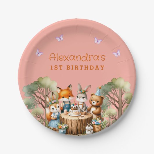 ピンクバタフライガールウッドランドアニマルズ1st誕生日 ペーパープレート (正面)