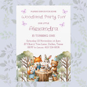 ピンクバタフライガールウッドランドアニマルズ1st誕生日 招待状