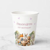 ピンクバタフライガールウッドランドアニマルズ1st誕生日 紙コップ (正面)