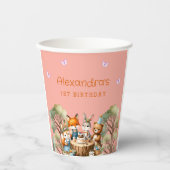 ピンクバタフライガールウッドランドアニマルズ1st誕生日 紙コップ (正面)