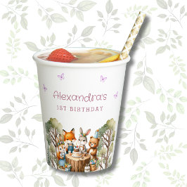 ピンクバタフライガールウッドランドアニマルズ1st誕生日 紙コップ