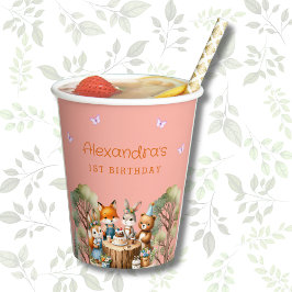 ピンクバタフライガールウッドランドアニマルズ1st誕生日 紙コップ