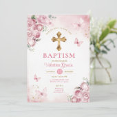 ピンクバタフライガールバプテスマ金ゴールドクロスフラワー 招待状 (スタンド正面)