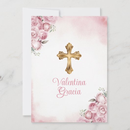 ピンクバタフライガールバプテスマ金ゴールドクロスフラワー 招待状 (裏面)