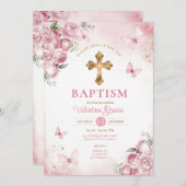 ピンクバタフライガールバプテスマ金ゴールドクロスフラワー 招待状 (正面/裏面)