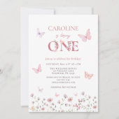 ピンクバタフライガールファースト誕生日 招待状 (正面)