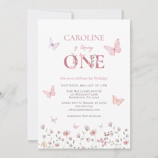ピンクバタフライガールファースト誕生日 招待状 (正面)