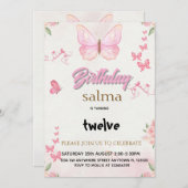 ピンクバタフライガール誕生日招待状 – 編集可能 シーズンカード (正面/裏面)