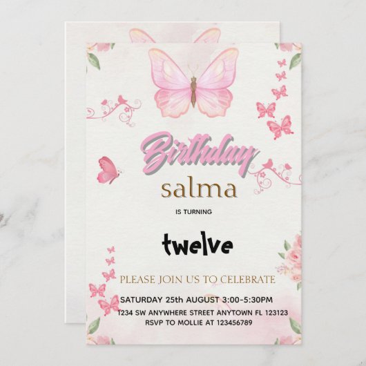 ピンクバタフライガール誕生日招待状 – 編集可能 シーズンカード (正面/裏面)
