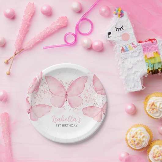 ピンクバタフライガール1st誕生日パーティー紙プレート ペーパープレート (パーティー)