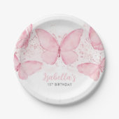ピンクバタフライガール1st誕生日パーティー紙プレート ペーパープレート (正面)