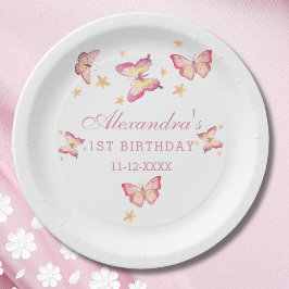 ピンクバタフライガール1st誕生日パーティー ペーパープレート