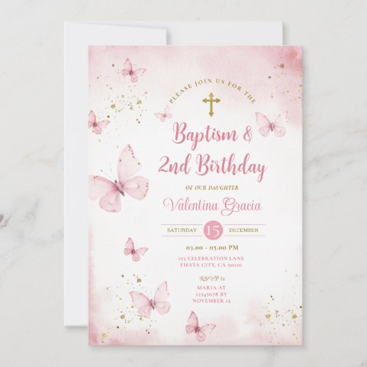 ピンクバタフライガール2ndバースデーバプティスクロス 招待状 (正面)