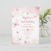 ピンクバタフライガール2ndバースデーバプティスクロス 招待状 (スタンド正面)