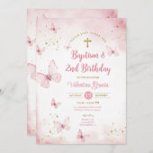 ピンクバタフライガール2ndバースデーバプティスクロス 招待状 (正面/裏面)