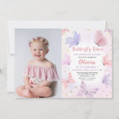 ピンクバタフライキスガールズバースデーパーティー写真 招待状 (正面)