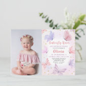 ピンクバタフライキスガールズバースデーパーティー写真 招待状 (スタンド正面)