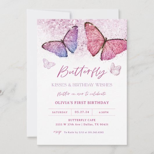 ピンクバタフライキスガールバースデーパーティー 招待状 (正面)