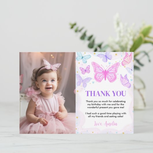 ピンクバタフライキス誕生日写真ありがとう サンキューカード (スタンド正面)