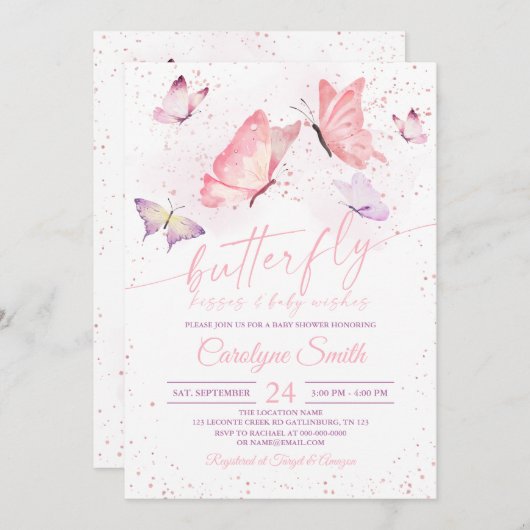 ピンクバタフライキス&ベビーウィッシュベイビーシャワー 招待状 (正面/裏面)