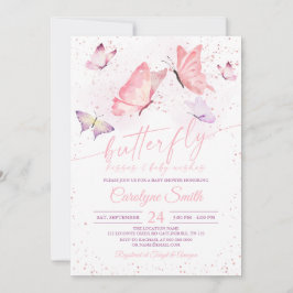 ピンクバタフライキス&ベビーウィッシュベイビーシャワー 招待状