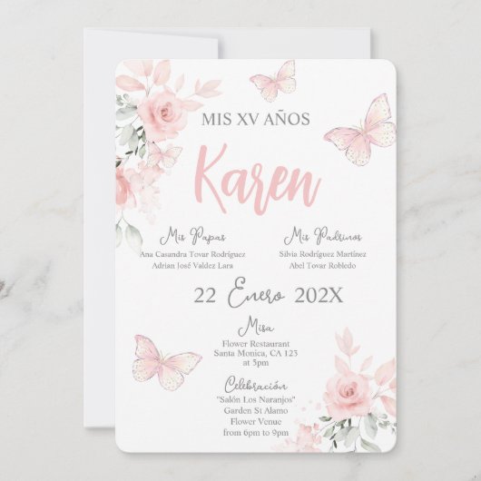 ピンクバタフライキンセアニラスペインの招待状 招待状 (正面)