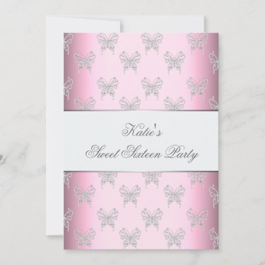 ピンクバタフライクラスのSweet sixteenパーティー 招待状 (正面)