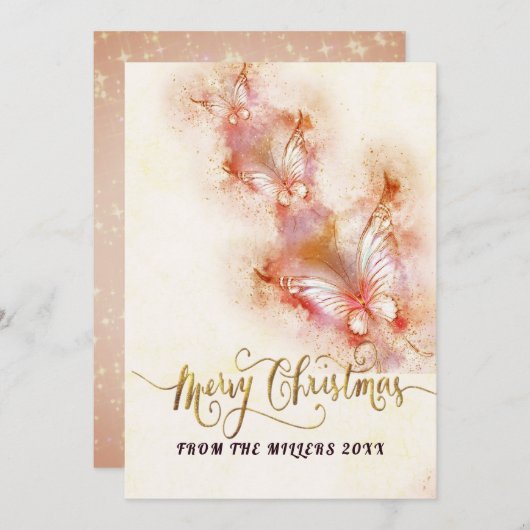 ピンクバタフライクリスマスグリッター シーズンカード (正面/裏面)