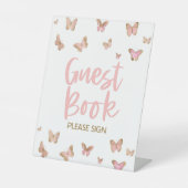 ピンクバタフライゲストブックお願いサインパーティーサイン 台座サイン (正面)