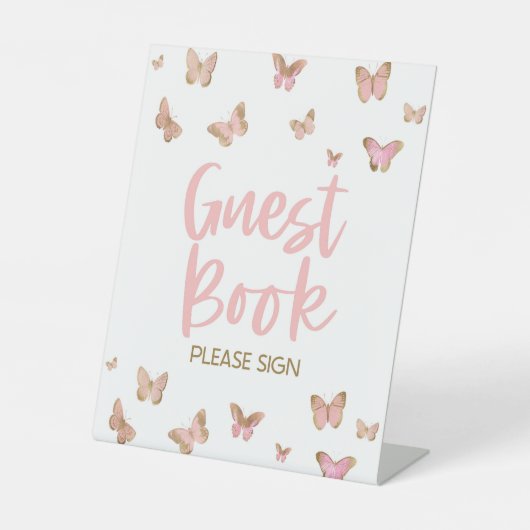 ピンクバタフライゲストブックお願いサインパーティーサイン 台座サイン (正面)