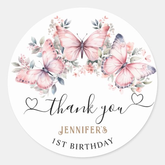 ピンクバタフライテーマ第1期お誕生日おめでとうクラシック ラウンドシール (正面)