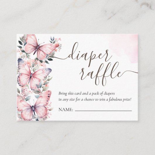 ピンクバタフライテーマ |赤ちゃんシャワーおむつラッフル エンクロージャーカード (正面)