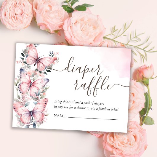 ピンクバタフライテーマ |赤ちゃんシャワーおむつラッフル エンクロージャーカード