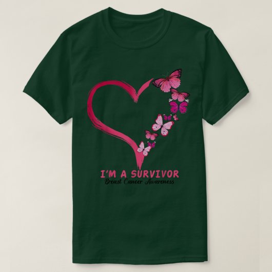 ピンクバタフライハート私は生存乳癌である Tシャツ (デザイン正面)